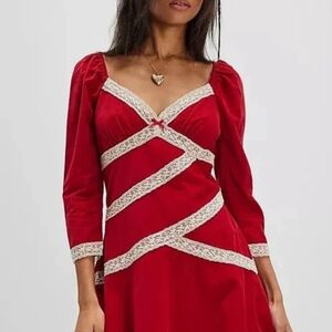 Free People Red and Cream Lace Mini Dress